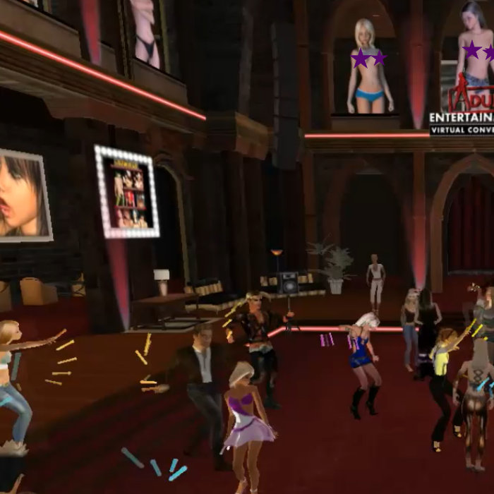 Crowd of avatars dancing with glowing wristbands